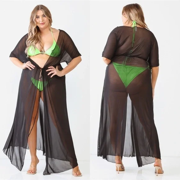 PLUS SIZE Black Sheer Mesh Midi Sleeve Drawstring Waist Maxi Kimono Cover Up - Picture 6 of 9